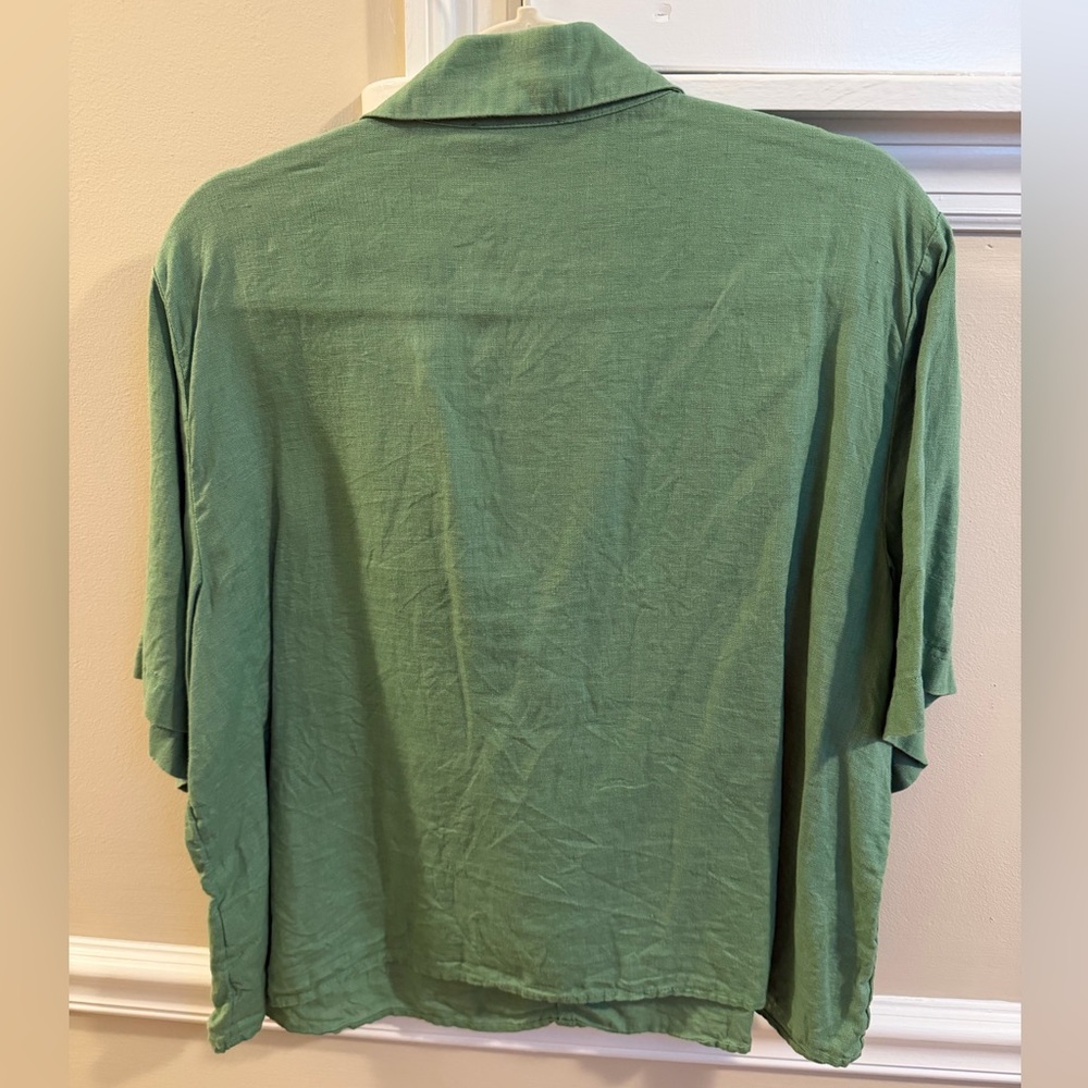 J. Crew Bungalow Popover Green Linen Split V-Neck Short Sleeve Top - Picture 5 of 6